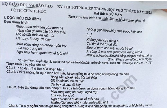 Đề thi, đáp án môn Văn thi tốt nghiệp THPT năm 2023