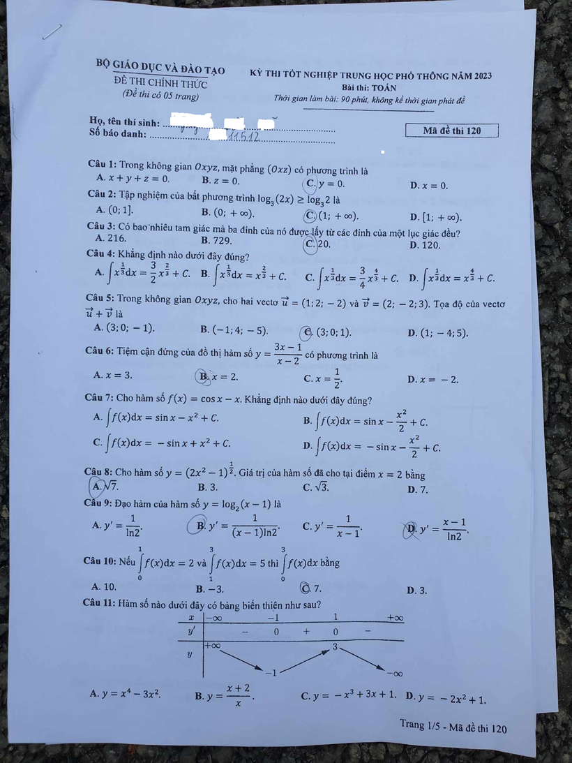 Đề thi, đáp án môn Toán thi tốt nghiệp THPT năm 2023